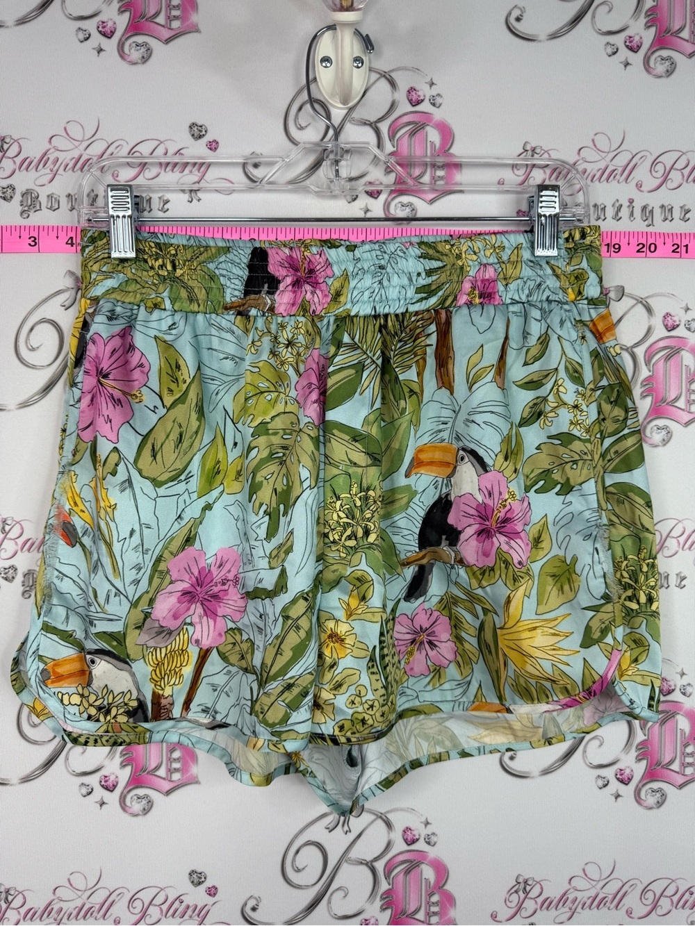 Zara shorts Tropical Toucan Athletic Shorts in Light Blue, Pink & Green